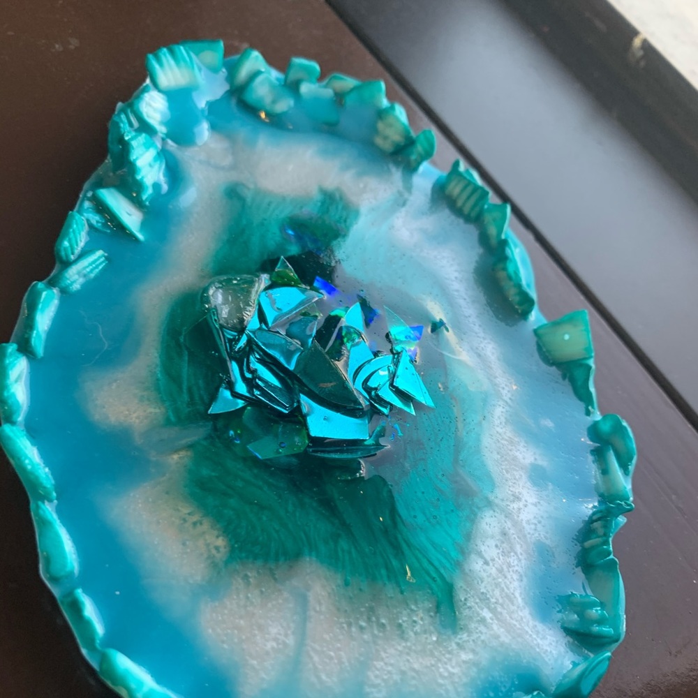 Teal blue green and white agate geode decoration